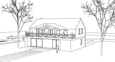 Mimari çizimi olan ev 3 boyutlu illüstrasyon