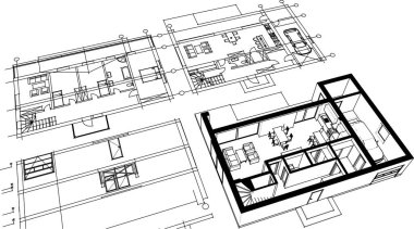 ev mimarisi çizimi 3 d illüstrasyon