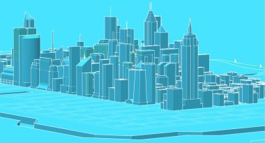 Şehrin yüksek binaları 3 boyutlu.