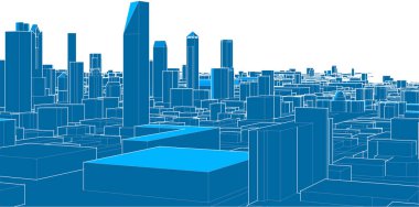 Modern şehir silüeti, illüstrasyon. Mavi renkte vektör illüstrasyonu