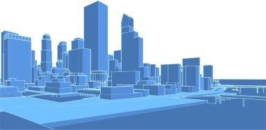 Kentin mavi bina ve çizgileriyle üç boyutlu bir illüstrasyonu