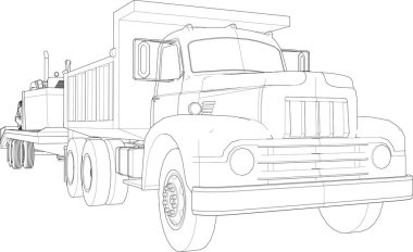 Karavanlı bir kamyon. Beyaz arkaplanda siyah çizgiler.