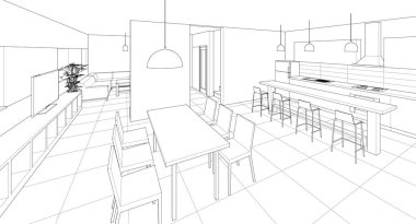 Mutfak çizimi iç tasarım 3D illüstrasyon