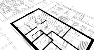 Evin iç kısmının çizimi, çizimi.