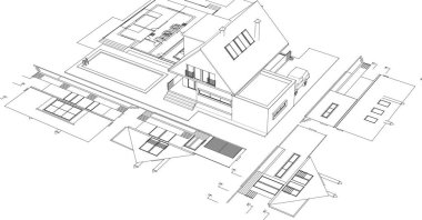 ev mimarisi çizimi 3 d illüstrasyon
