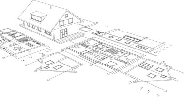 Planlı bir ev. 3 boyutlu illüstrasyon. arkaplanda mimari plan