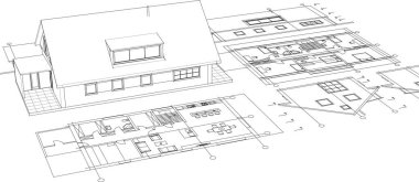 ev mimarisi çizimi 3 d illüstrasyon