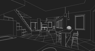 Karanlıkta siyah bir arka planı olan modern bir mutfağın 3 boyutlu görüntüsü.