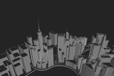 Koyu arkaplanı olan bir şehrin 3 boyutlu canlandırması