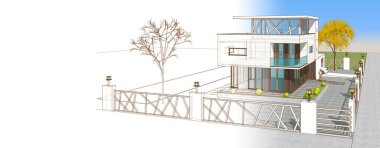 Bahçedeki planlı evin 3 boyutlu görüntüsü.