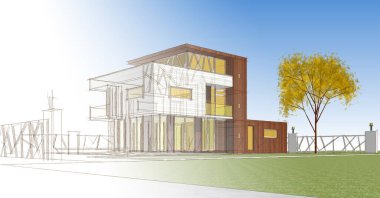 Modern ev mimarisi 3D illüstrasyon