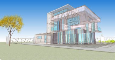 Modern mimari binası tel çerçeveli 3d illüstrasyon