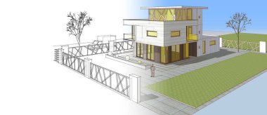 ev mimarisi çizimi 3 d illüstrasyon