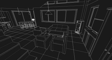 İç tasarım çizimi. siyah beyaz mürekkep arkaplanı, 3 boyutlu illüstrasyon