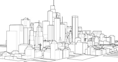 Ana hatlarıyla şehir panoraması. Sokakları, gökdelenleri, binaları olan şehir manzarası. vektör.