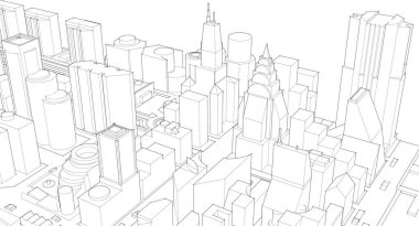 Gökdelenleri ve çizgileri olan 3D şehir modeli. 3d illüstrasyon.