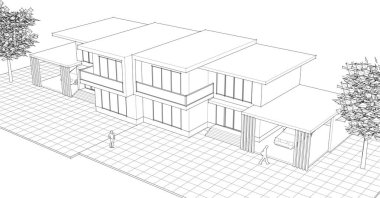 Modern ev çizimi 3D illüstrasyon