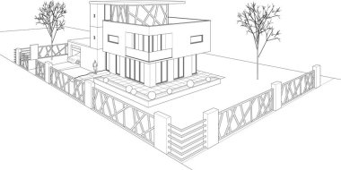 ev mimarisi çizimi 3 d illüstrasyon