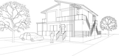 ev mimarisi çizimi 3 d illüstrasyon