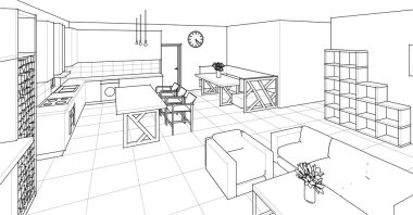 Modern oturma odasının içi 3 boyutlu.