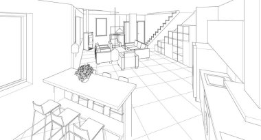 iç tasarım modern çizim 3d illüstrasyon