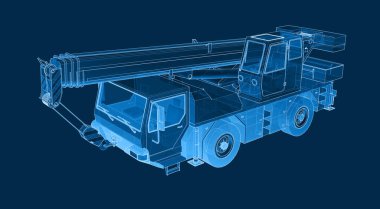 Telli hologram tarzında vinç kamyonu. 3d oluşturma