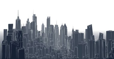 Gökdelenli modern şehir manzarasının 3 boyutlu bir resmi. Arka planda yüksek binalar.