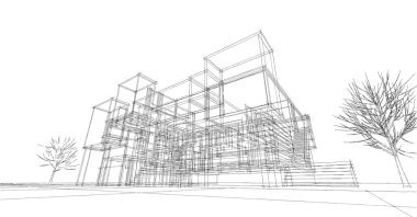 Modern ev mimari projesi çizimi 3 boyutlu illüstrasyon