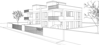 modern bina çizimi 3d illüstrasyon