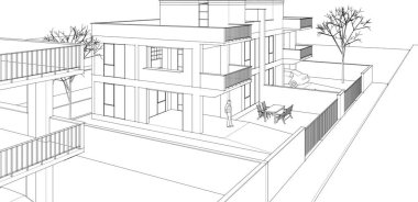 çizimdeki modern ev 3 boyutlu illüstrasyon