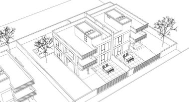 Modern ev mimari projesi çizimi 3 boyutlu illüstrasyon