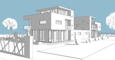 Modern mimari çizimi 3D illüstrasyon
