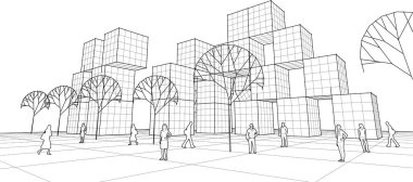 Mimari çizimi olan modern bina 3 boyutlu illüstrasyon