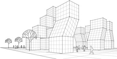 Modern şehir binası çizimi 3 boyutlu illüstrasyon