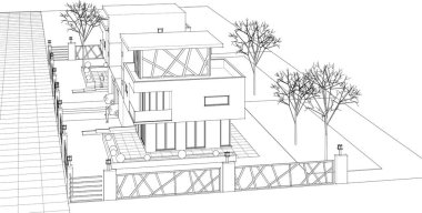 Bahçedeki modern dijital evin 3 boyutlu görüntüsü