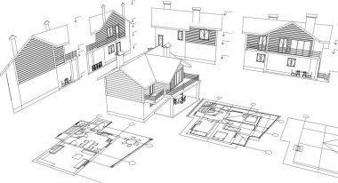 ev mimarisi çizimi 3 d illüstrasyon