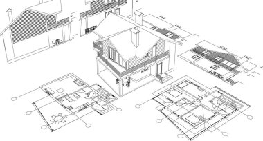 ev mimarisi çizimi 3 d illüstrasyon