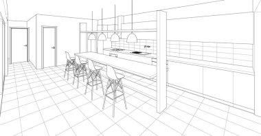 Mutfağın eskiz tasarımı, 3 boyutlu