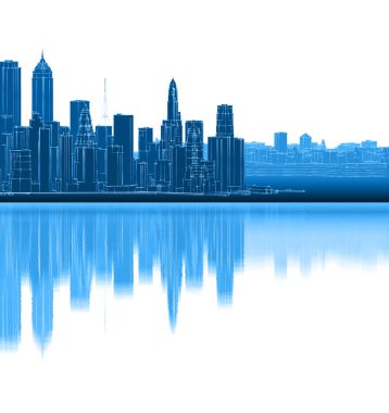 Yansıması olan modern şehir silueti. siluet illüstrasyonu