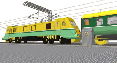 Beyaz arka planı olan yeşil ve sarı bir trenin üç boyutlu resmi