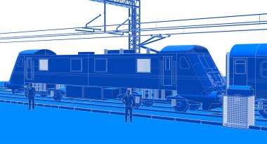 Çizgileri olan tren. Tren istasyonu. 3 boyutlu görüntüleme. mavi arkaplan.