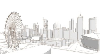 Gökdelenlerin ve şehir manzarasının 3 boyutlu modeli.
