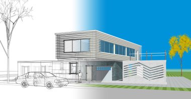 ev mimarisi çizimi 3 d illüstrasyon