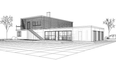 ev mimarisi çizimi 3 d illüstrasyon