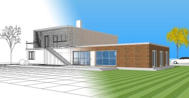 ev mimarisi çizimi 3 d illüstrasyon