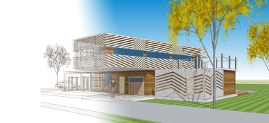 Modern ev çizimi 3D illüstrasyon