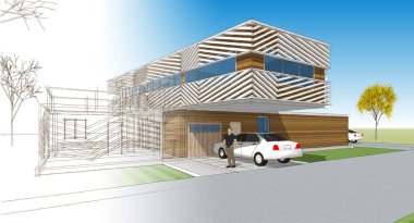 Modern ev çizimi 3D illüstrasyon