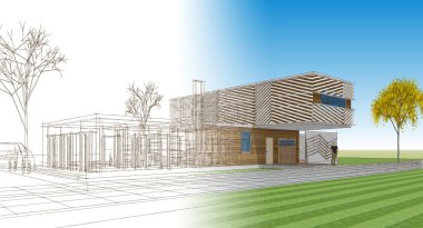 ev mimarisi çizimi 3 d illüstrasyon
