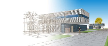 Modern mimari çizimi 3D illüstrasyon