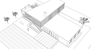 Ev yapımı mimari konsepti, 3 boyutlu çizim. Modern mimari ya da soyut mimari. Şablon veya tel - çerçeve biçimi